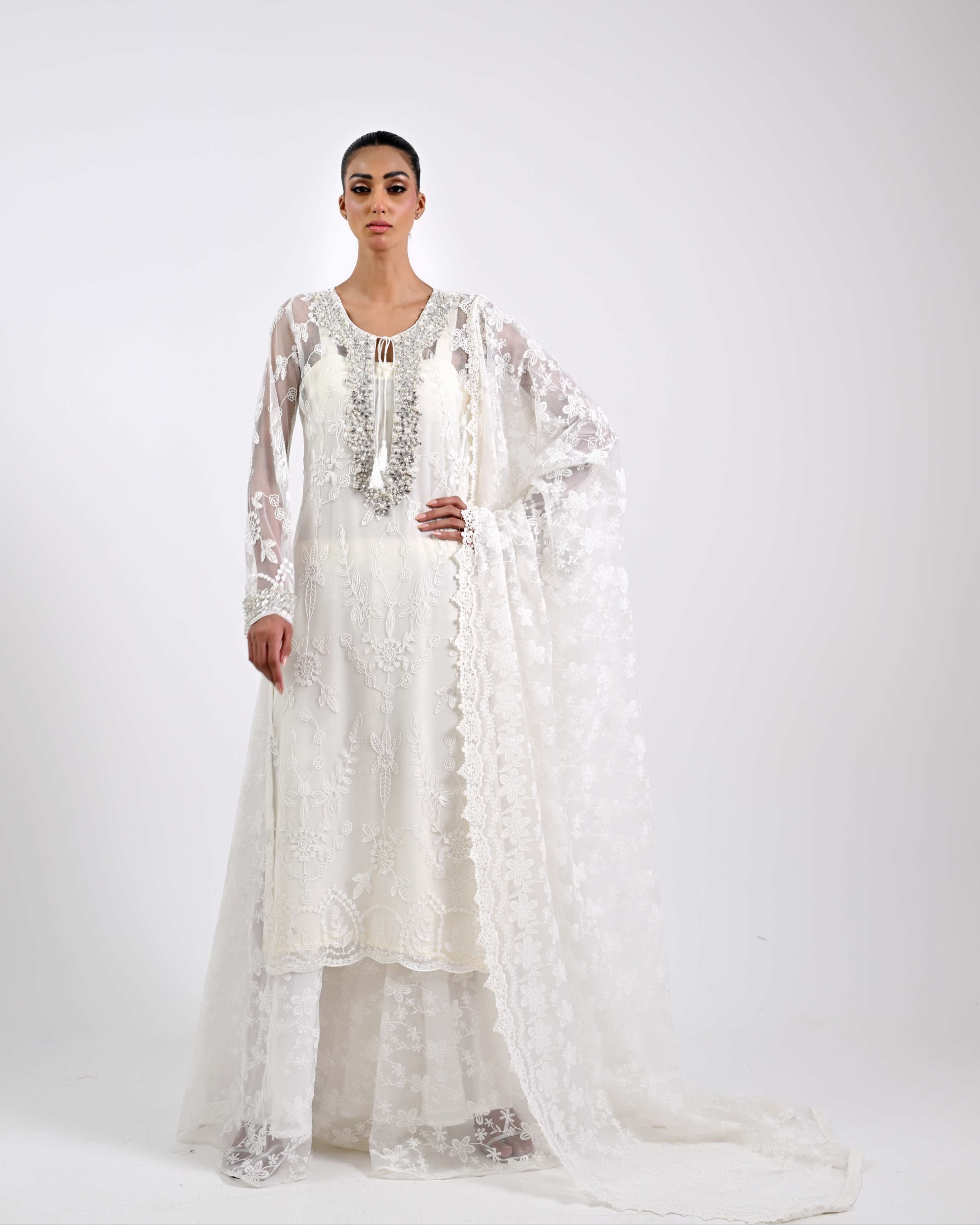 Model wearing a white embroidered dress with a sheer overlay on a white background
