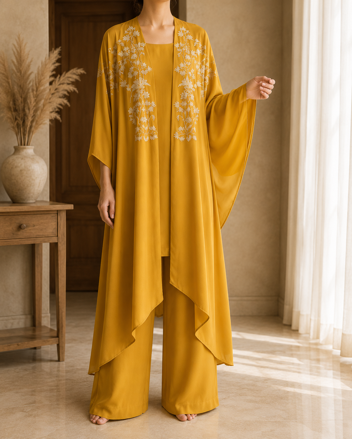 Saffron Bloom embroidered three-piece set by Sublime by Sara – look 1