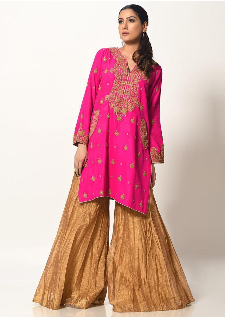 Woman wearing a pink embroidered top and gold pants on a white background